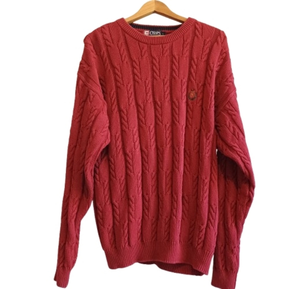Vtg CHAPS Ralph Lauren L Red Cable Knit Sweater Crest Logo Crewneck 56090 Preppy